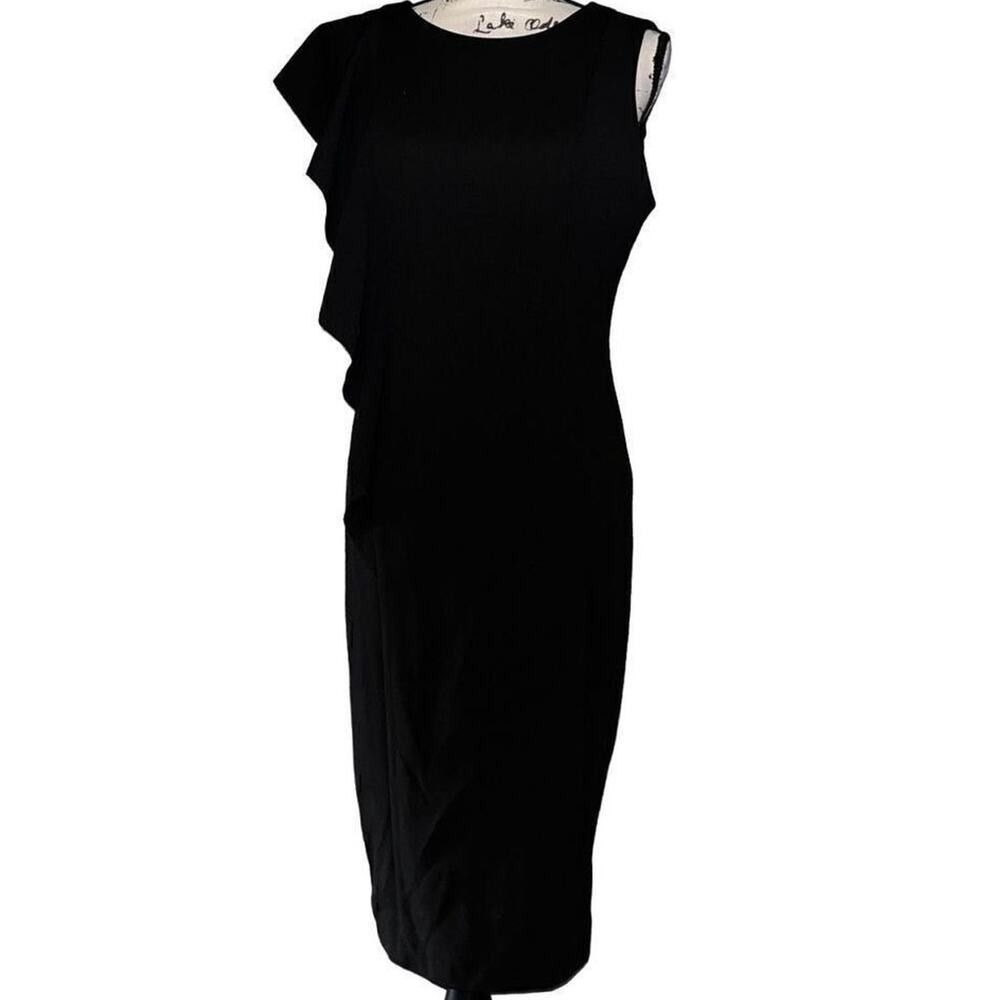 London Times Black Sleeveless Ruffle Sheath Dress Midi T3355M Size 8 NEW